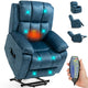 Blue armchair recliner massage and heat functions, remote control, and adjustable.