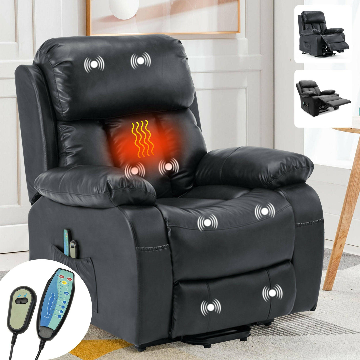 Electric recliner armchair with heat and massage in black PU leather featuring 8 massage points and lumbar heating, ideal for living room comfort.
