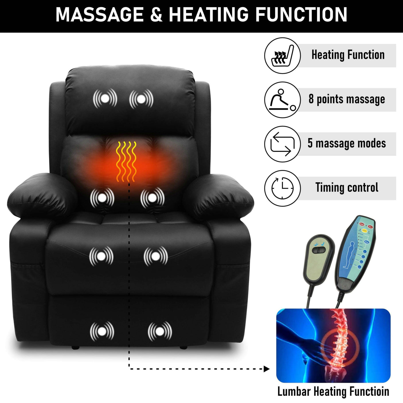 Massage and heating functions of electric recliner armchair with 8-point massage, 5 modes, and lumbar heat for therapeutic comfort.