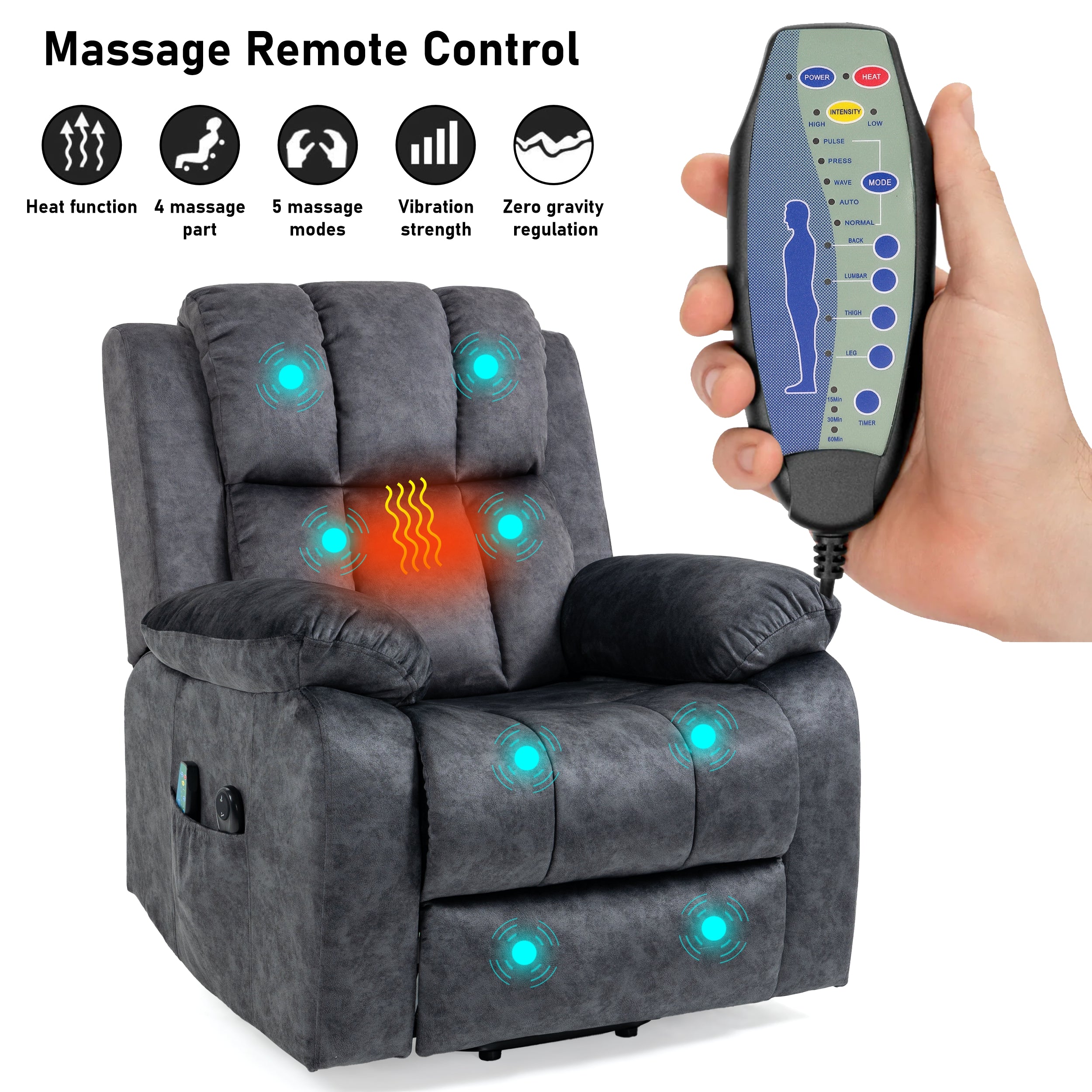 Dark grey armchair with recliner with heat and massage functions, remote control.