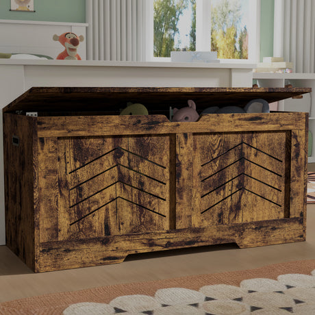 [Rustic] Rustic wood storage chest with knotted grain, lid ajar, Tigger plush behind in panelled room
