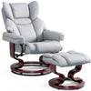 Swivel Recliner Chair with Footstool - Recliner Armchair in grey leather with padded backrest and armrests, set on a curved mahogany base.