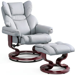 Swivel Recliner Chair with Footstool - Recliner Armchair in grey leather with padded backrest and armrests, set on a curved mahogany base.