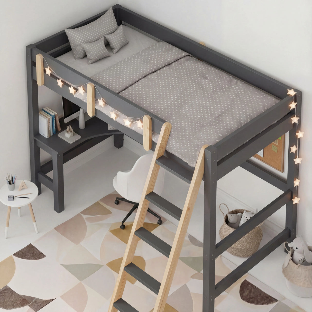 Bunk Bed With Desk - High Sleeper Loft Bed Frame For Kids in grey wood with natural ladder, featuring built-in desk, shelves, and star string lights. Ideal space-saving furniture for children's bedrooms with study area underneath.