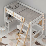 Bunk Bed With Desk - High Sleeper Loft Bed Frame For Kids in white wood with ladder, star string lights, and built-in study desk. Ideal for small bedrooms.