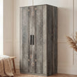[Ash Grey] two-door plain wardrobe positioned in a room with a textured wood finish and black vertical handles