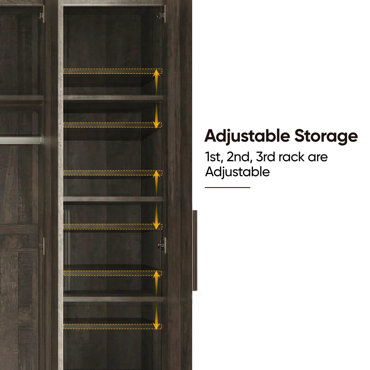 [Ash Grey] Interior view of a ash grey 3-door wardrobe highlighting adjustable storage with three movable interior racks