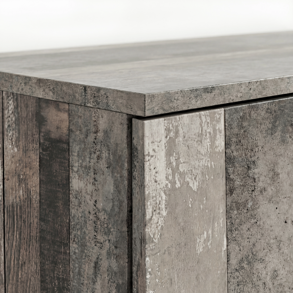 [Ash Grey] Top corner detail of ash grey wardrobe highlighting textured panel edges and wood effect surface