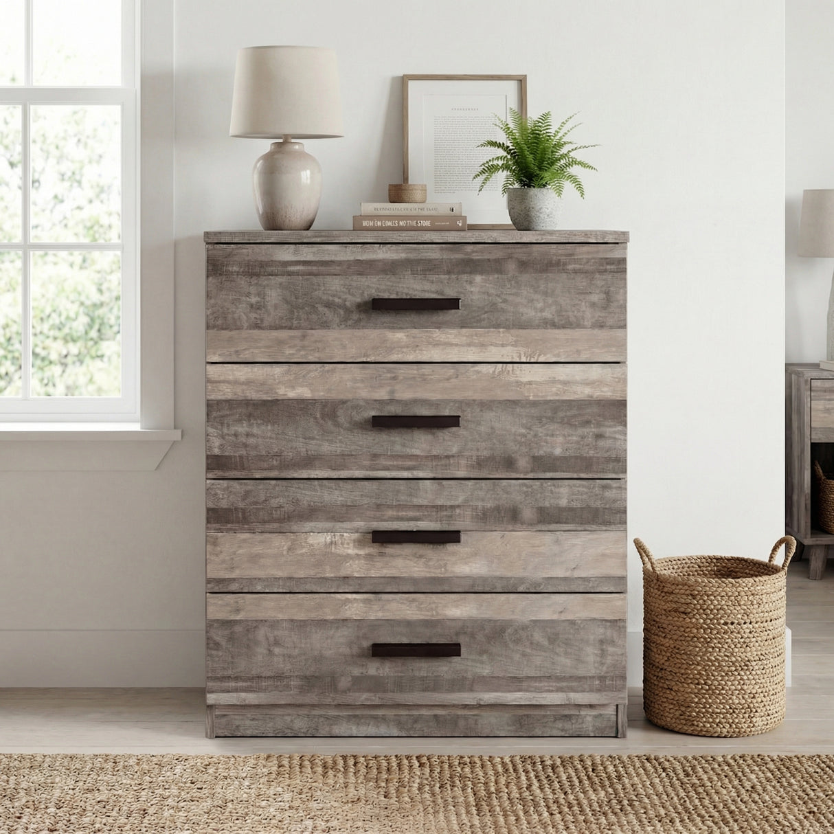 [Ash Grey]  Front view of ash grey four drawer chest with flat drawer fronts and black wooden bar handles