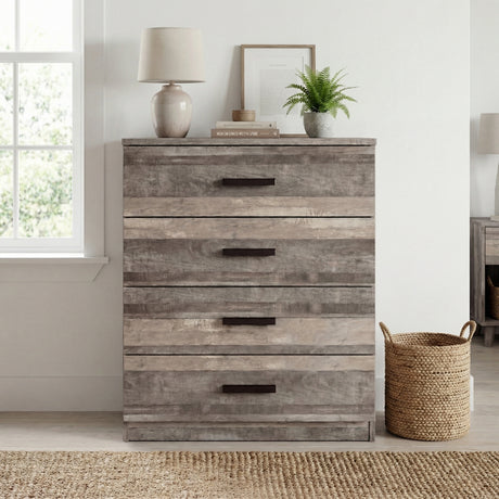 [Ash Grey]  Front view of ash grey four drawer chest with flat drawer fronts and black wooden bar handles