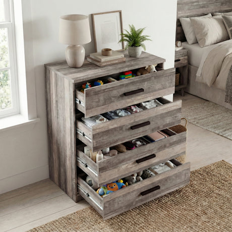 [Ash Grey]  four drawer chest shown at an angle with drawers open, revealing storage depth and layout