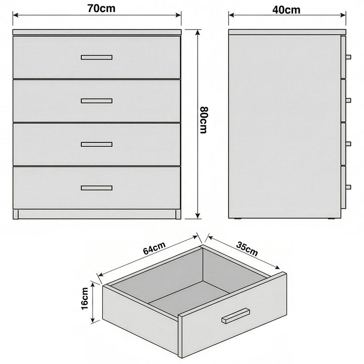 [Ash Grey] Dimension diagram of ash grey four drawer chest with labelled height 80 cm, width 70 cm, depth 40 cm ,and drawer sizes