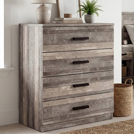 [Ash Grey] four drawer chest styled in neutral interior with floor lamp and decorative accessories