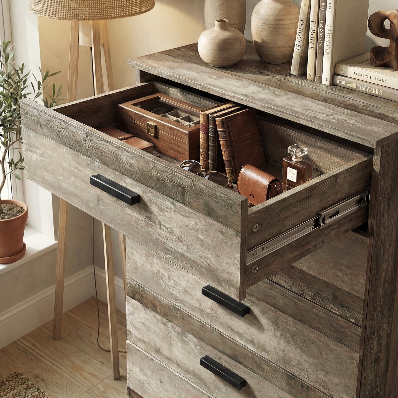 [Ash Grey] Close view of ash grey drawer interior showing usable storage space and smooth inner finish
