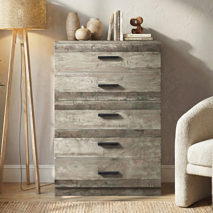 [Ash Grey] Front view of ash grey five drawer chest with flat drawer fronts and black wooden bar handles