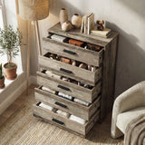 [Ash Grey] five drawer chest shown at angle with drawers open, revealing storage depth and layout