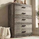 [Ash Grey] five drawer chest styled in neutral interior with soft lighting and textured wood finish