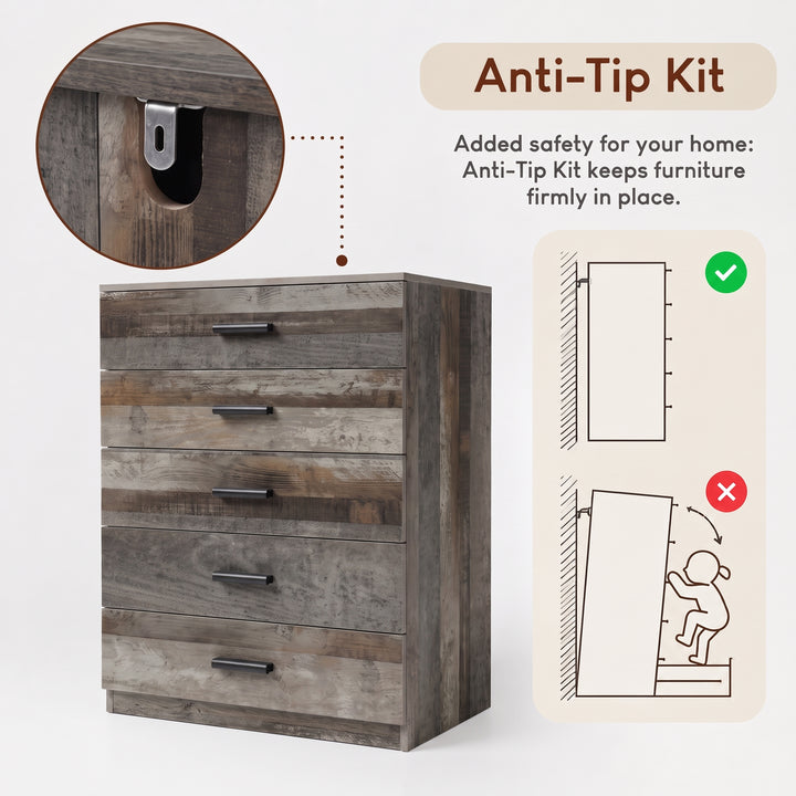 [Ash Grey] Feature graphic demonstrating the wall-mounting Anti-Tip Kit for the Ash Grey Chest.