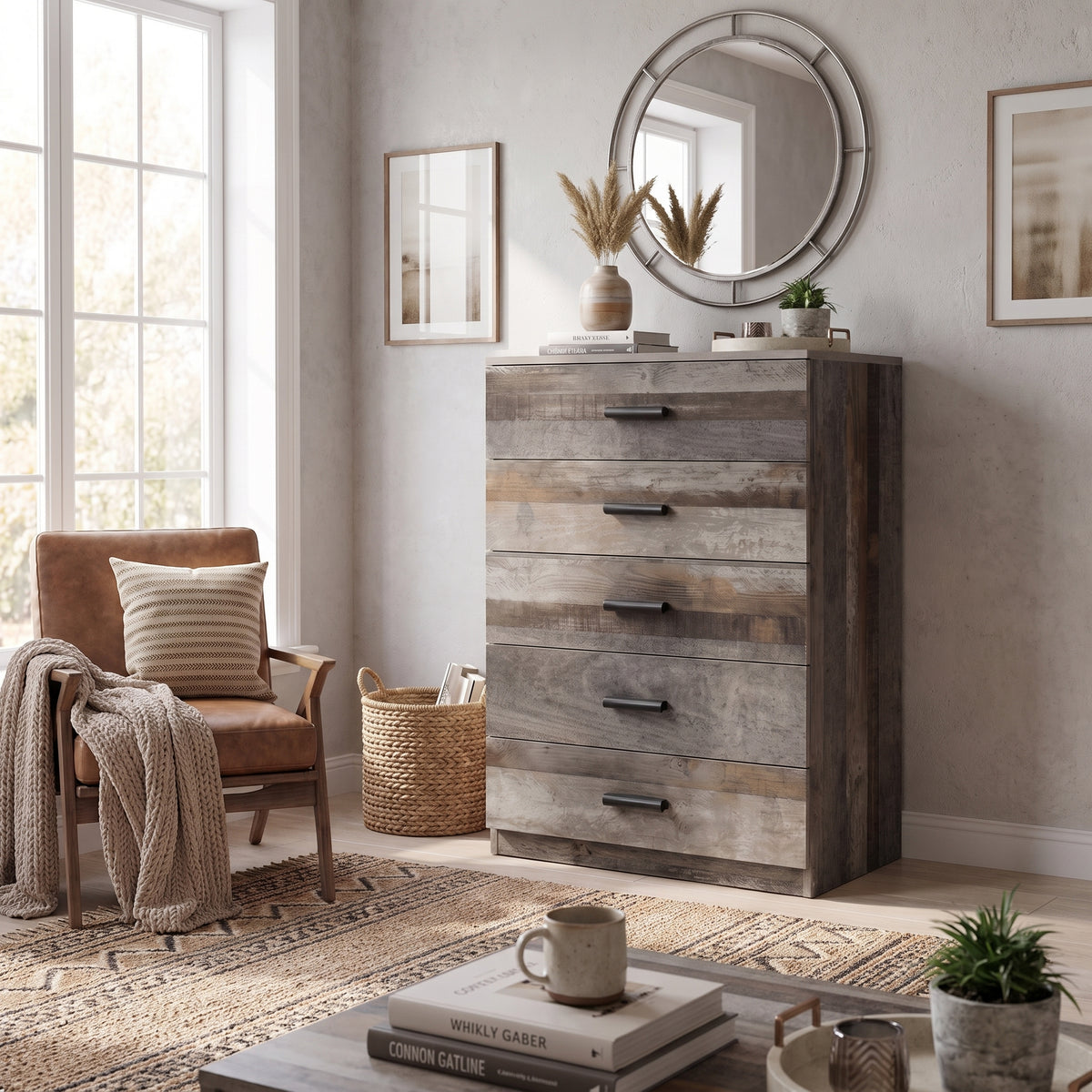 [Ash Grey] Wide lifestyle view of the Ash Grey Tall 5 Drawer Chest in a modern room setting.