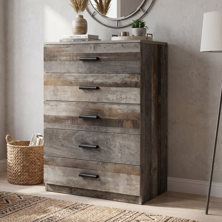 [Ash Grey] Angled view of the Ash Grey Tall 5 Drawer Chest of Drawers with rustic wood finish.