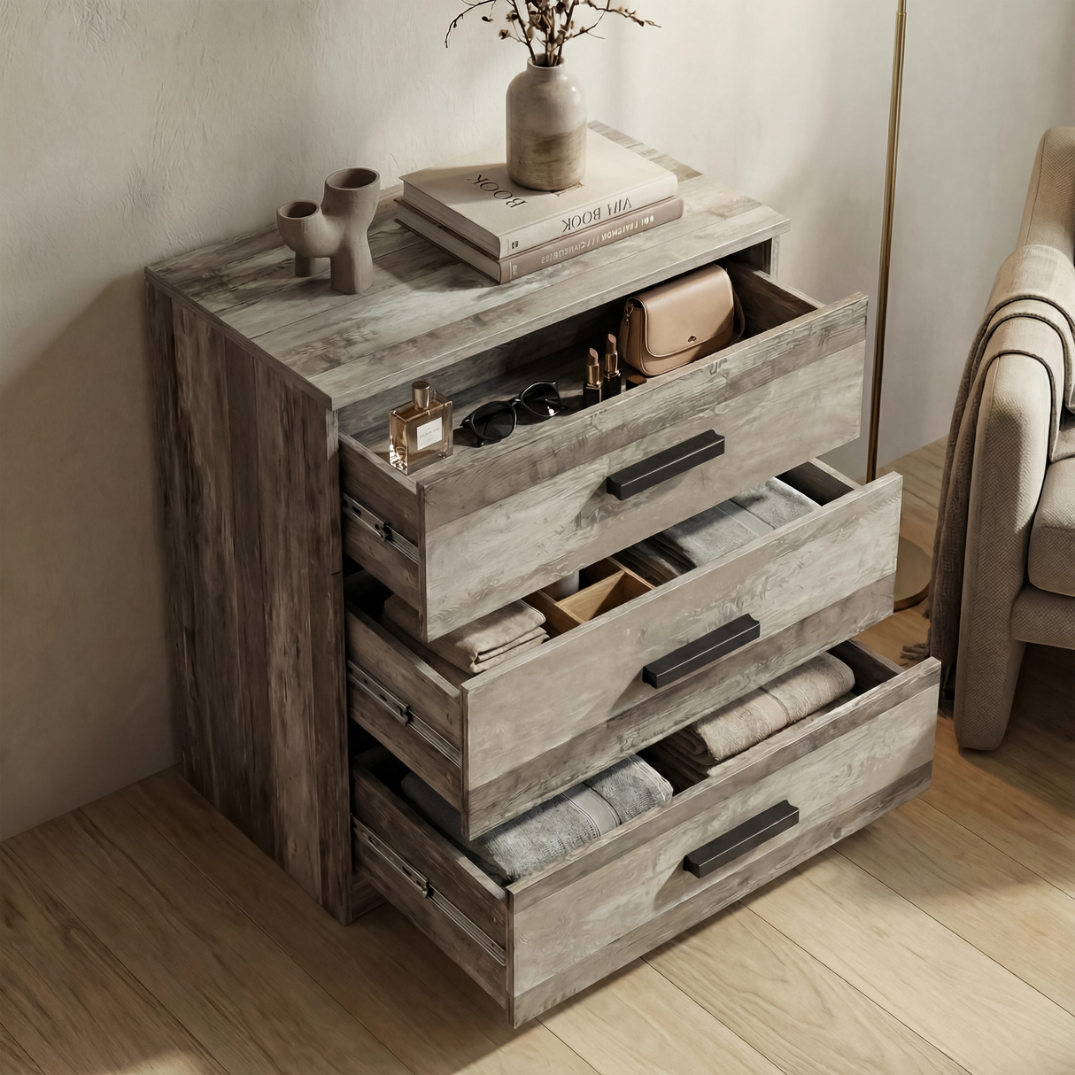 [Ash Grey] chest with drawers extended displaying internal storage compartments and depth