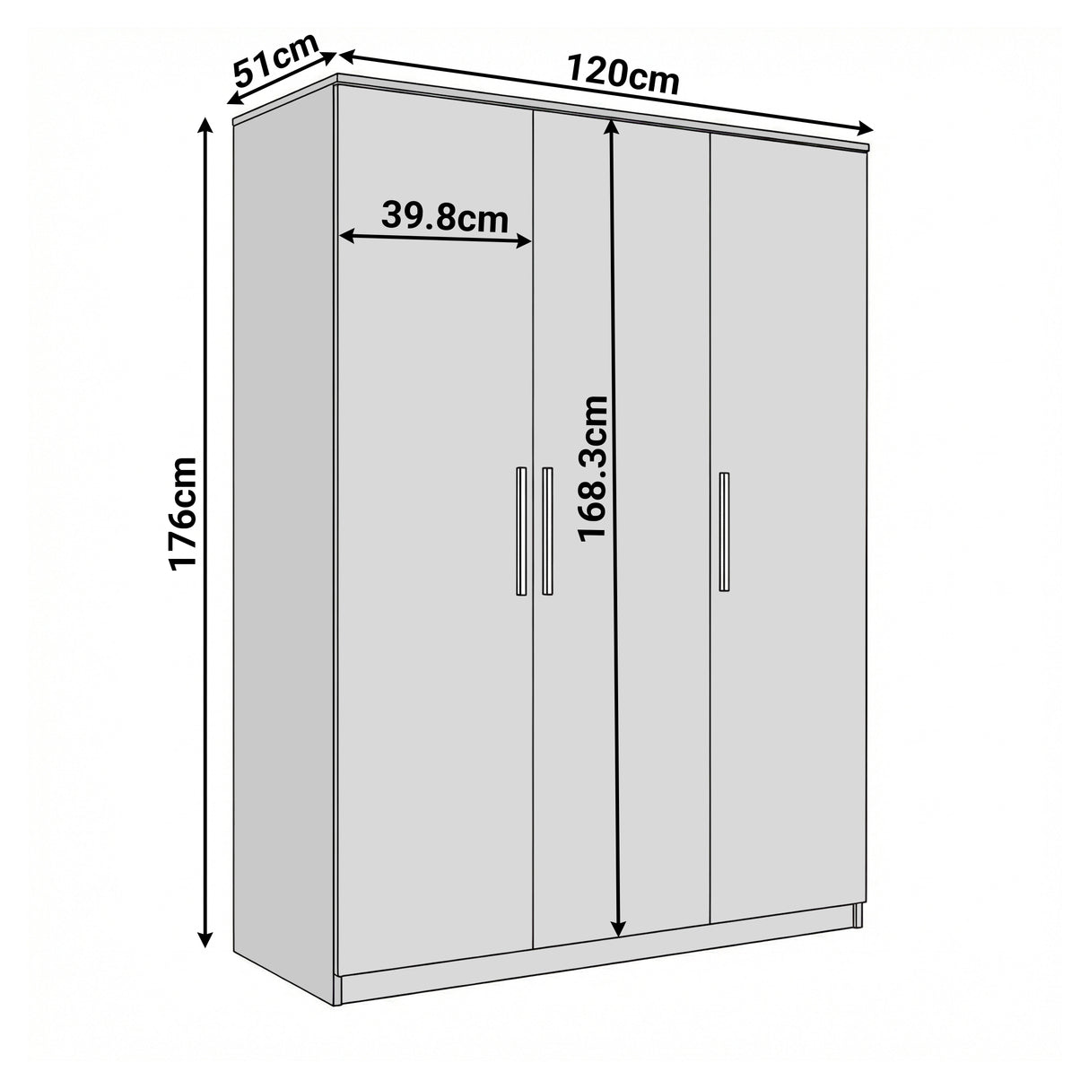 [Ash Grey] Dimension diagram of a ash grey three-door wardrobe with height 176 cm,  width 120 cm, and depth 51 cm