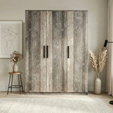 [Ash Grey]  triple door wardrobe front elevation with vertical black handles placed against a wall in a modern room