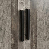 [Ash Grey] Close view of black wooden vertical handles mounted on ash grey three door plain wardrobe