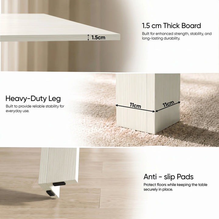 [Ash White] Detail guide of flip-top dining table: 1.5cm thick tabletop, 11cm wide legs and anti-slip footpads.