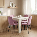 [Ash White] Closed flip-top dining table with four pink chairs and tea set in a bright open-plan kitchen diner.