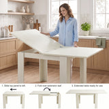 [Ash White] Woman extending flip-top dining table with Step 1 slide top left, Step 2 fold leaf, Step 3 fully extended.