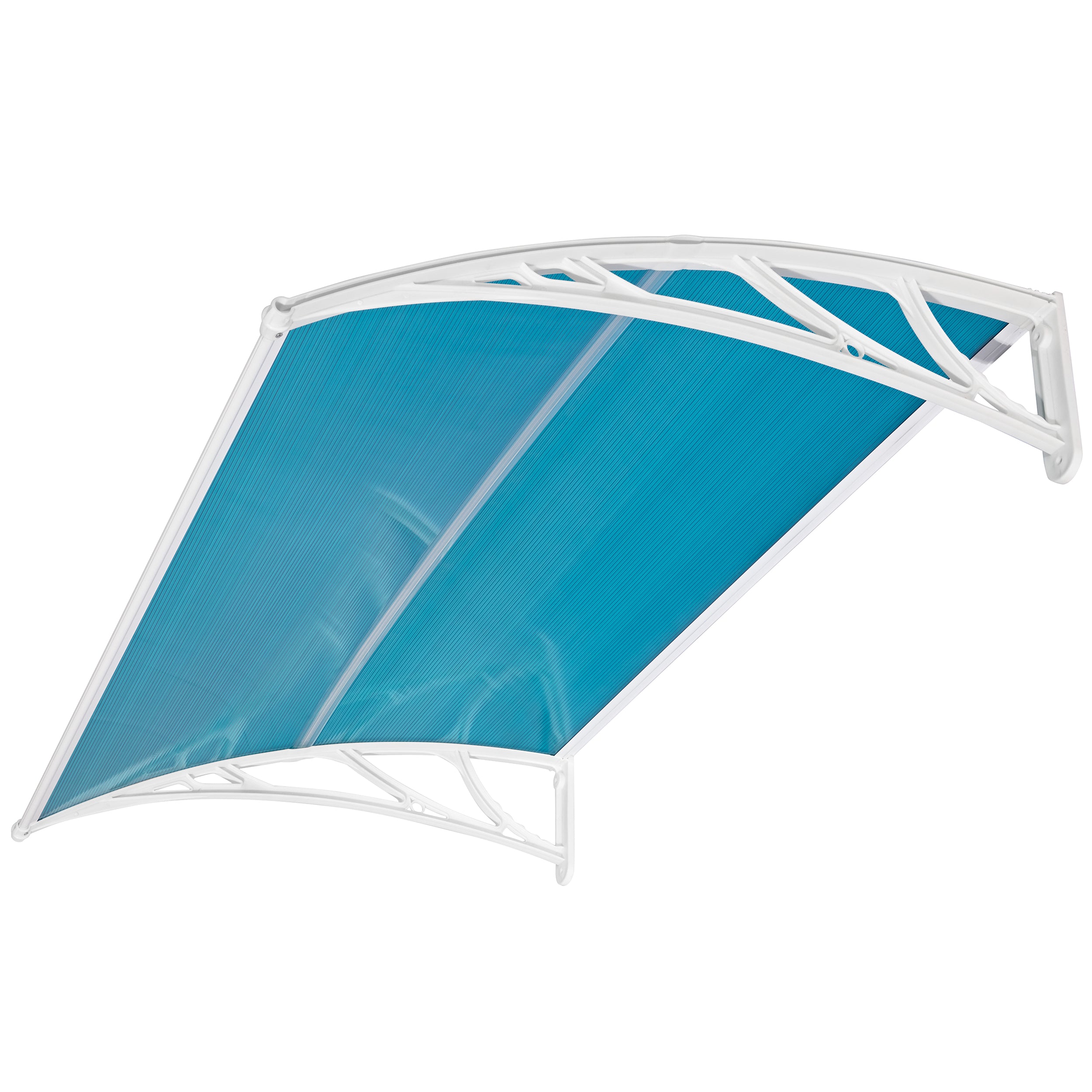 Back door canopy with blue polycarbonate sheet and white frame for weather protection.