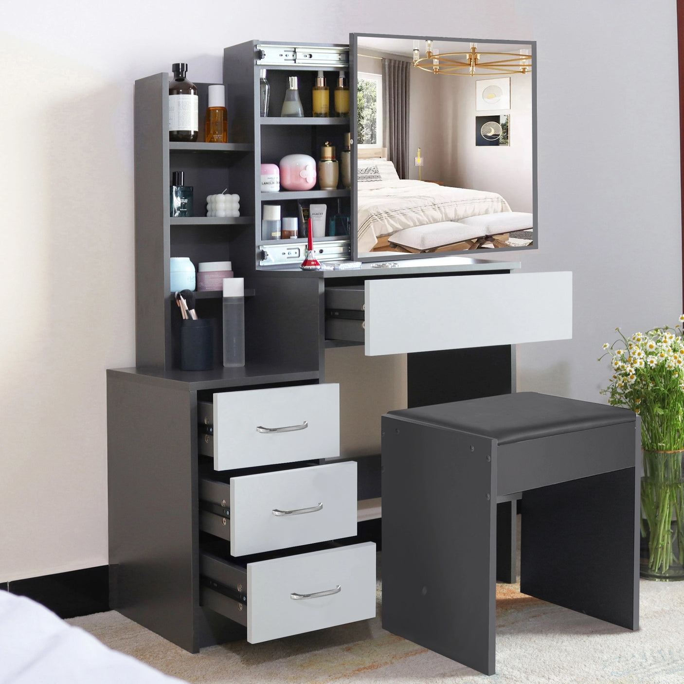 Dressing Table with Storage, Drawers and Mirror - Vanity Makeup Table