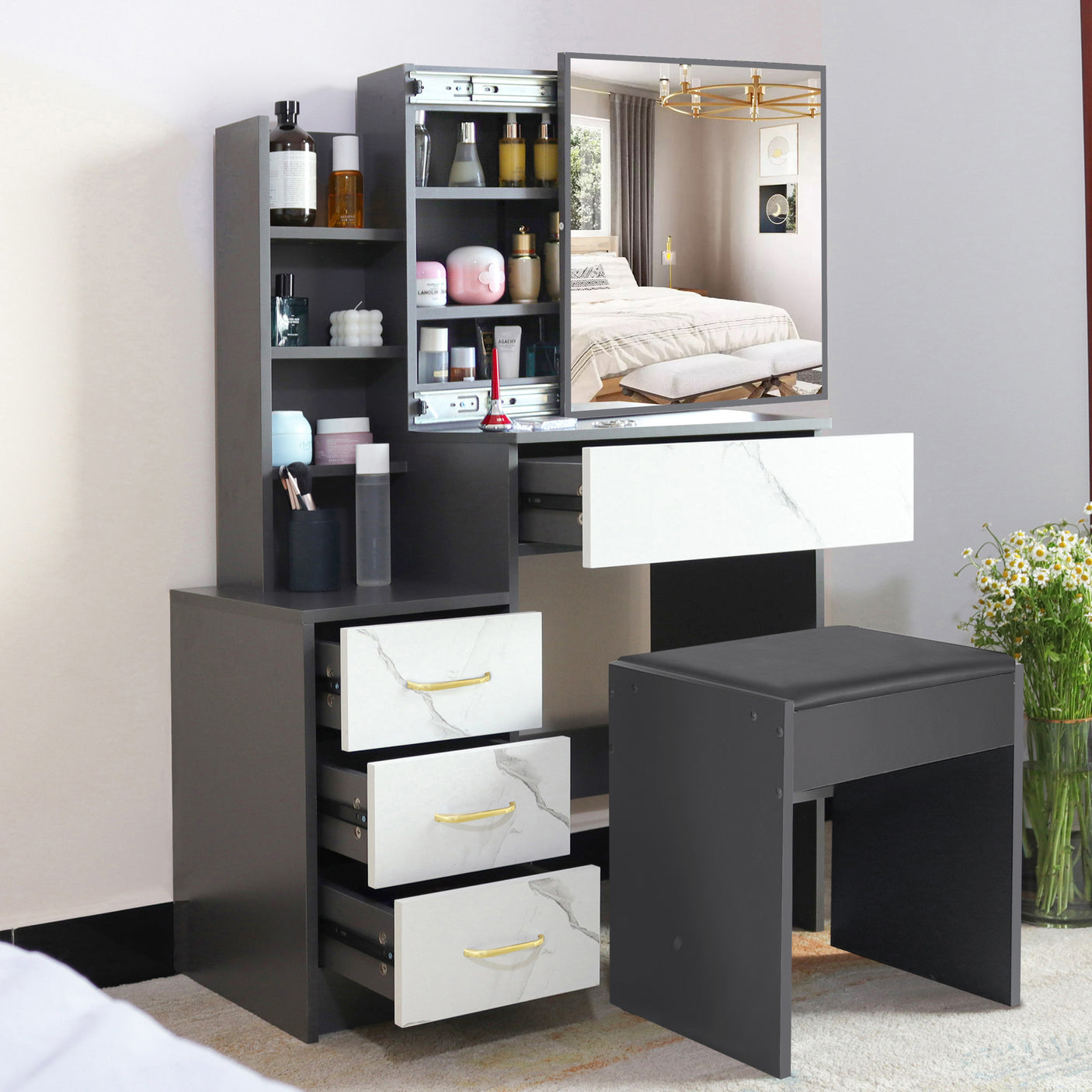Dressing Table with Storage, Drawers and Mirror - Vanity Makeup Table