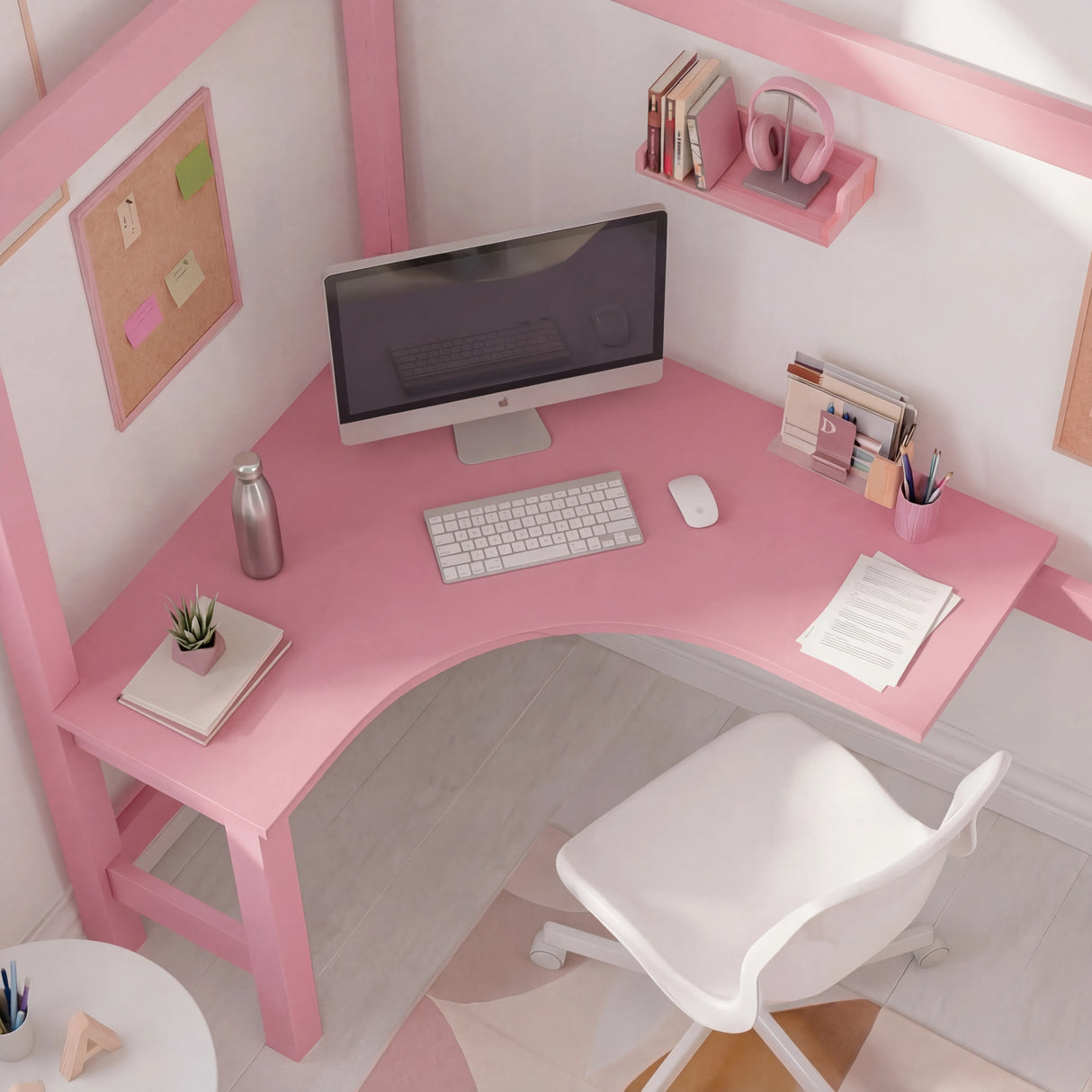 Bunk Bed With Desk - High Sleeper Loft Bed Frame For Kids featuring a pink L-shaped desk setup with computer, shelves, and white chair underneath loft bed.