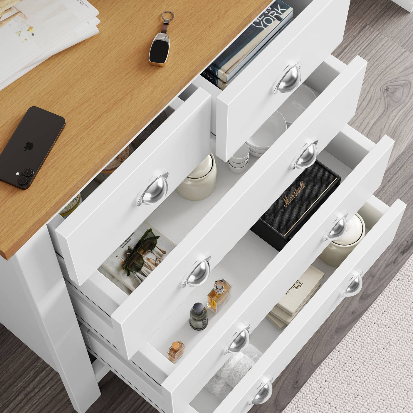 Beautiful chest of drawers with open drawers and spacious storage for a neat room.