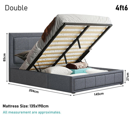 Double bed frame with storage, grey fabric, space-saving design, storage underneath