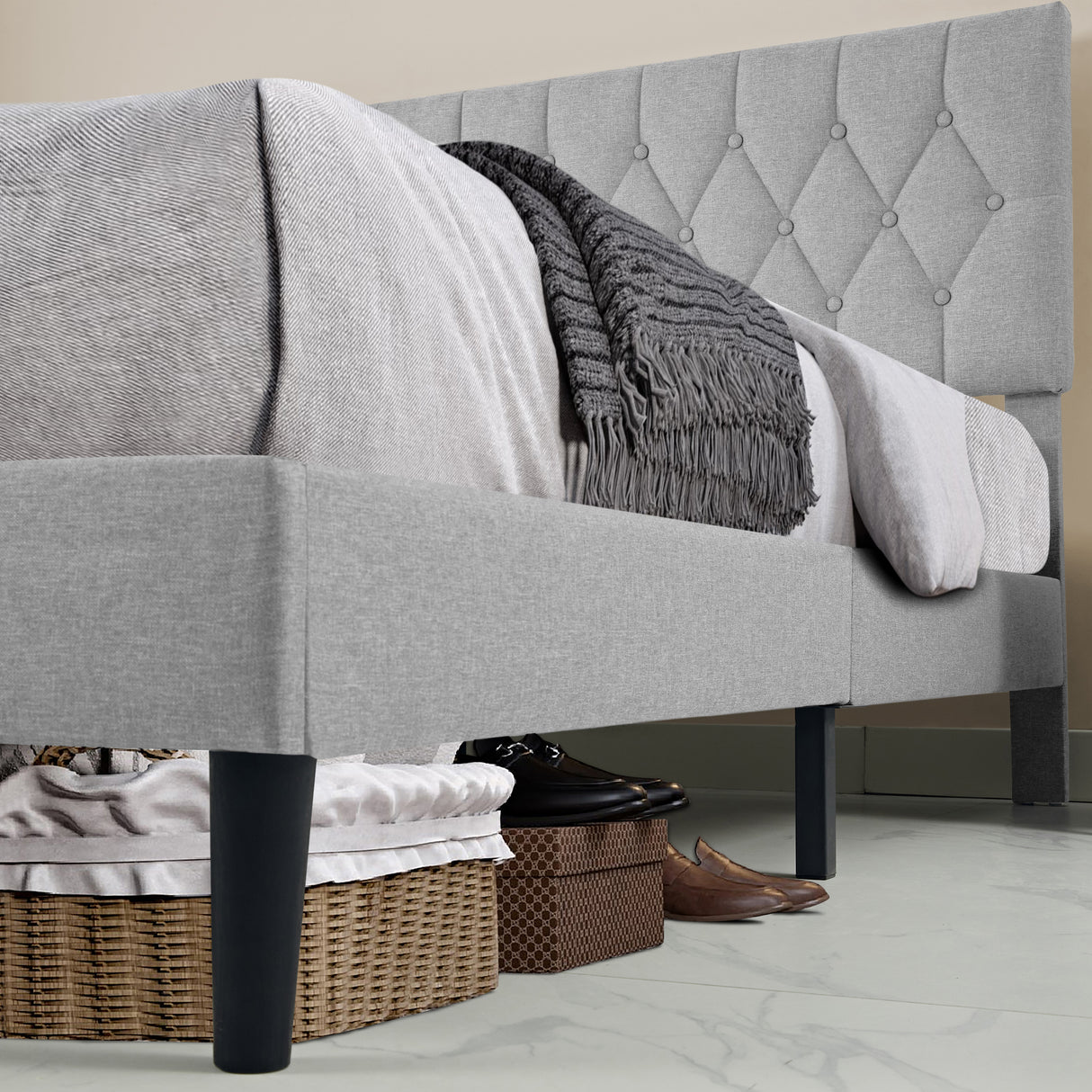 Blisswood Chesterfield Bed Frame - Luxurious Light Grey Linen Upholstery, Adjustable Headboard