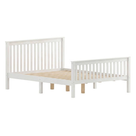 Wooden bed frame with slatted headboard and footboard, open base structure, and evenly spaced support slats