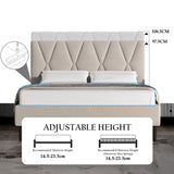 Beige upholstered bed with mattress and dimensions displayed on a gray background