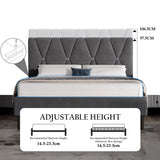 Grey upholstered bed with adjustable height feature and mattress dimensions displayed.