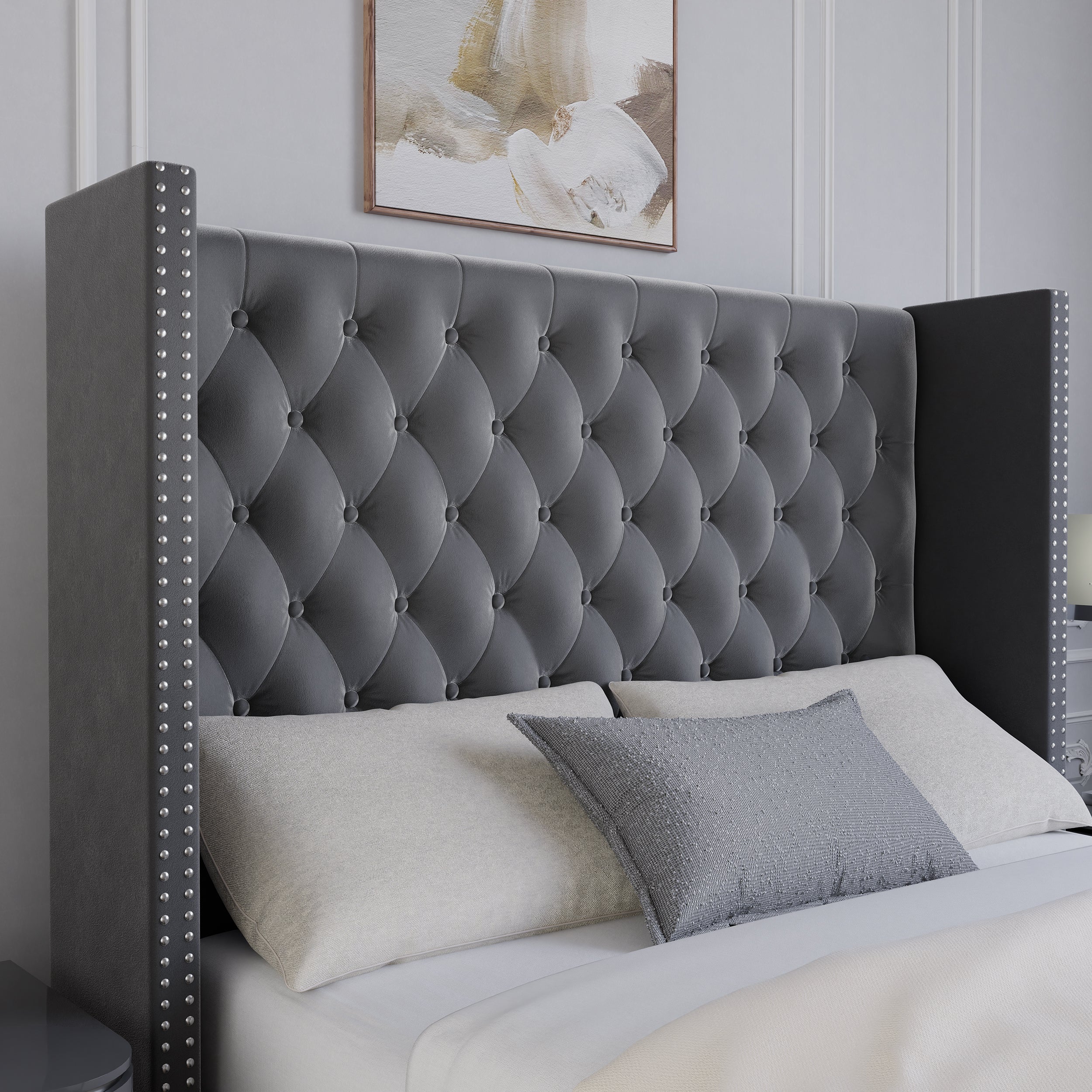 Elegant bed frame with storage, featuring a tufted headboard with wingback design.