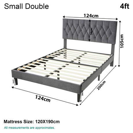 Small double 4ft velvet bed frame wooden with tufted headboard and slatted base, UK dimensions.