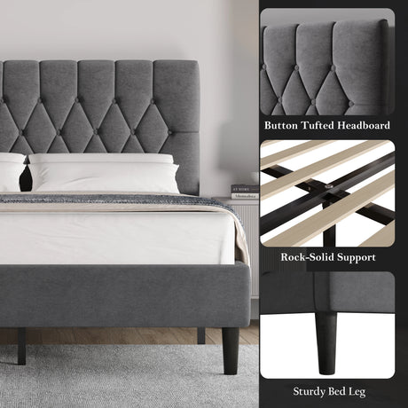 Velvet bed frame double & king size with adjustable button-tufted headboard in grey, featuring sturdy legs and rock-solid wooden slat support.
