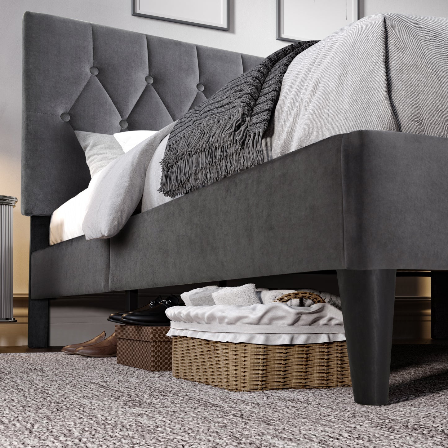 Grey bed frames luxury with storage space underneath for shoes and baskets.