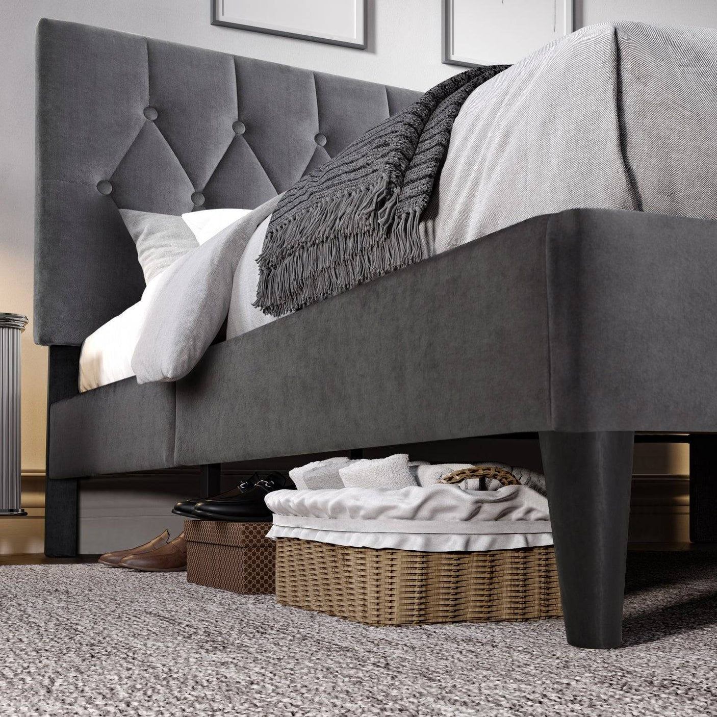 Blisswood Chesterfield Bed Frame - Luxurious Velvet Grey Upholstery, Adjustable Headboard