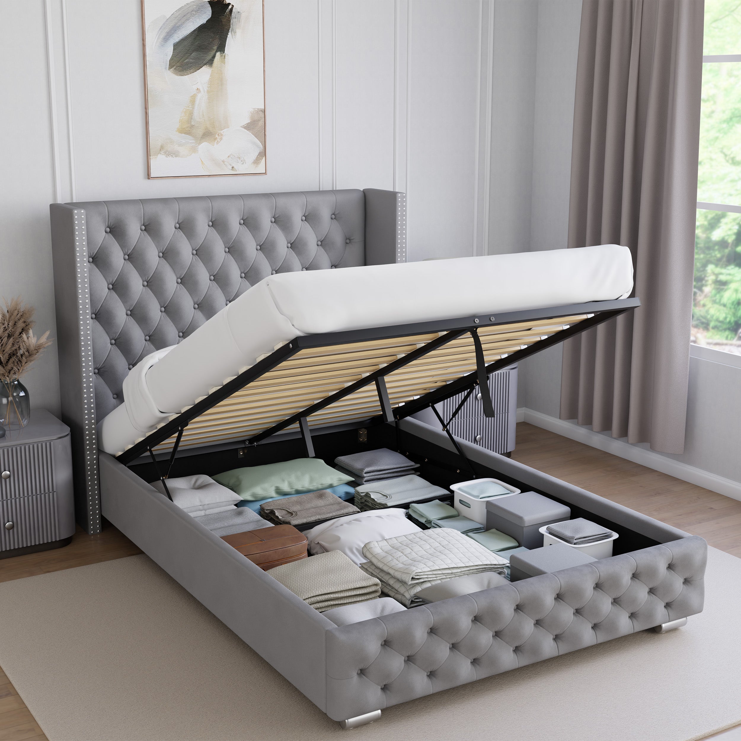 Grey upholstered bed frames with storage, featuring a tufted headboard, studded detailing.