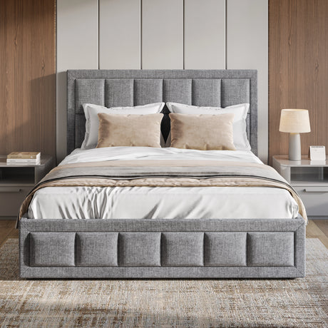 Gray upholstered bed with matching headboard in a bedroom setting.