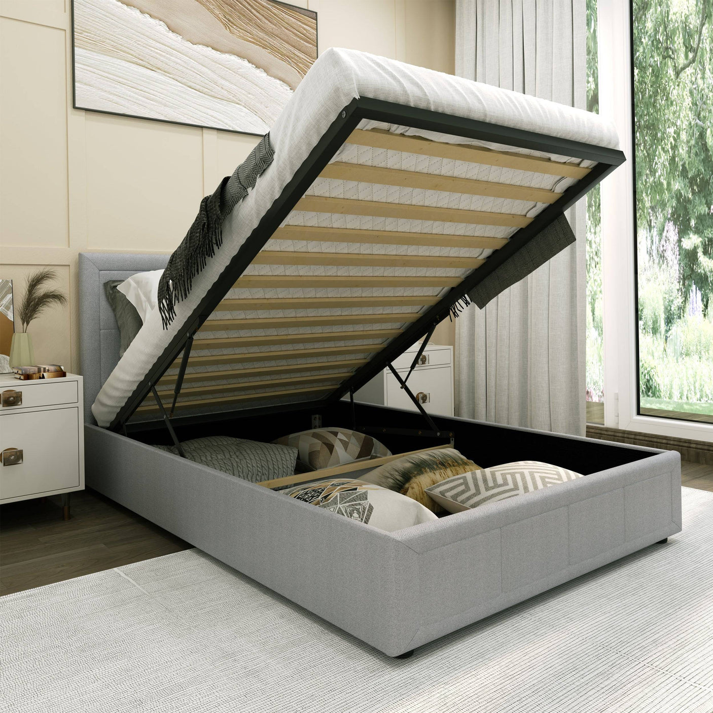Blisswood Ottoman Bed With 8" Mattress, Grey Linen
