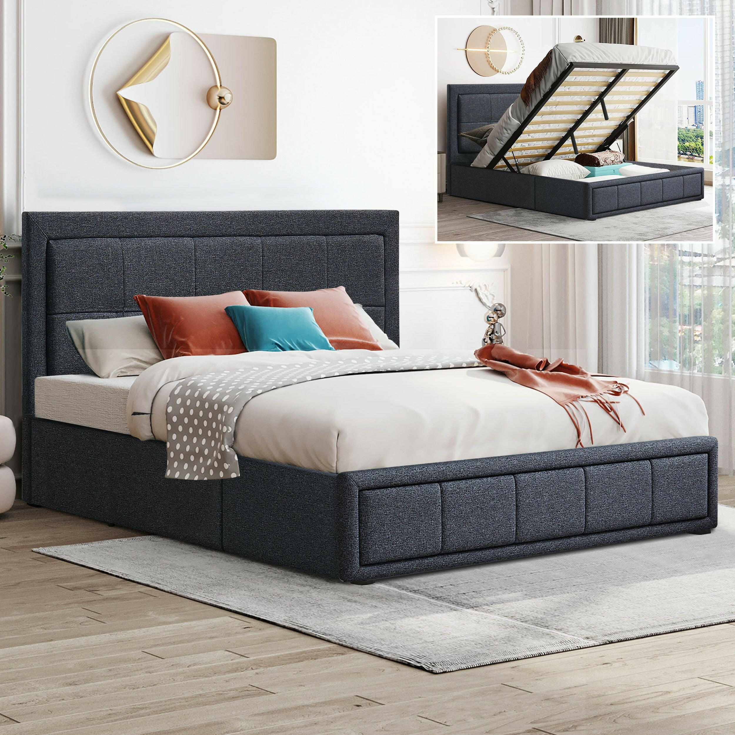 King size ottoman bed with storage, featuring a sleek grey upholstered frame and spacious under-bed storage, with a modern headboard and mattress.